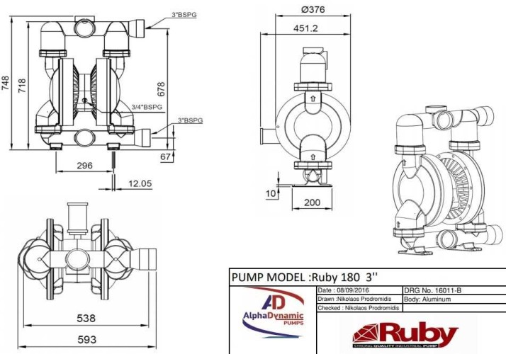 RUBY 180A-P-TAT-T pompa membranowa pneumatyczny