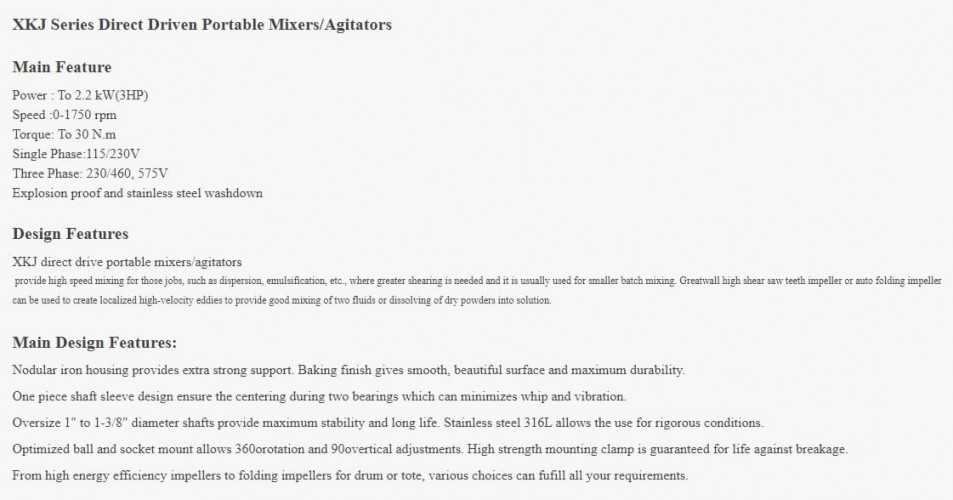 Mieszalnik przenośny GREATWALL MIXERS z napędem bezpośrednim serii XKJ o wydajności do 2,2 kW 0~1750 obr./min