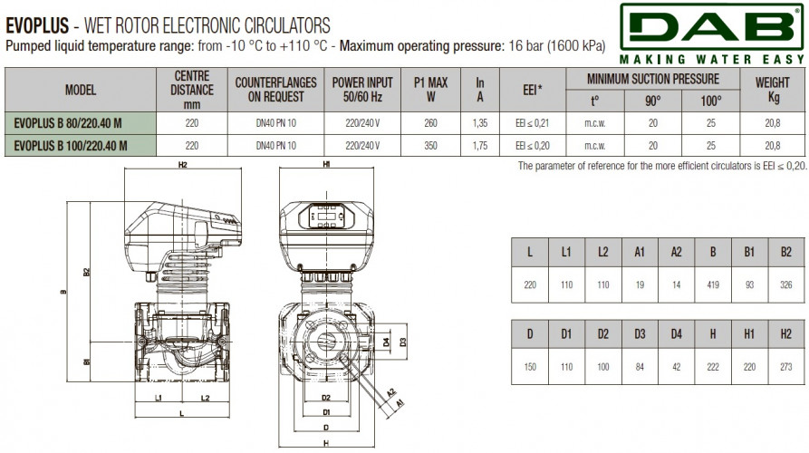 Pompa obiegowa DAB EVOPLUS 80/220 40 1x220-240 Y25 ze sterowaniem elektronicznym, 60220909