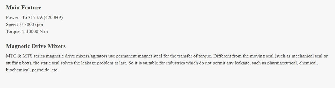 Mieszalnik z napędem magnetycznym GREATWALL MIXERS seria MTC moc do 315 kW 0~3000 obr./min