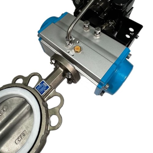 PN6 DN100 Zawór motylkowy, korpus i tarcza AISI 304, PTFE z siłownikiem pneumatycznym Ex, jednostronnego działania (ze sprężyną), pozycjoner 4-20MA