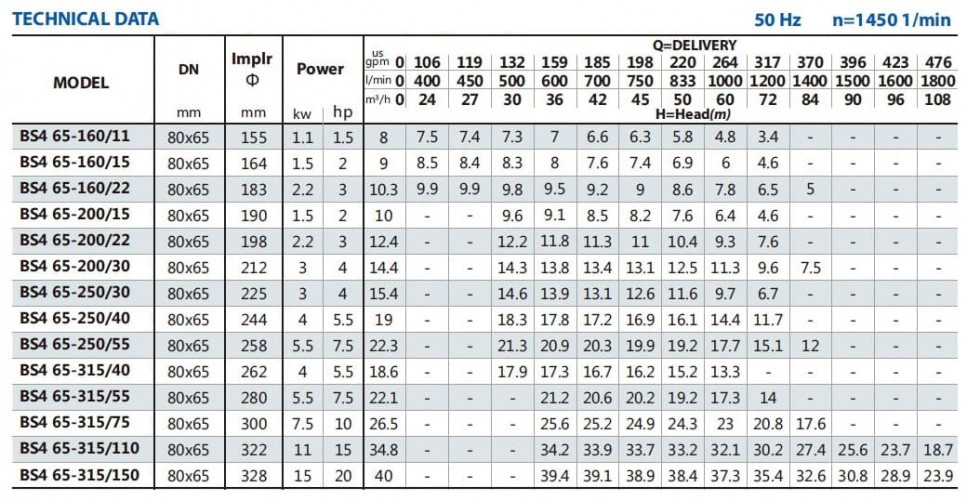 Pompa do podwyższania ciśnienia BSM4 65-250/40 (45/16,9), 4kW, 1450