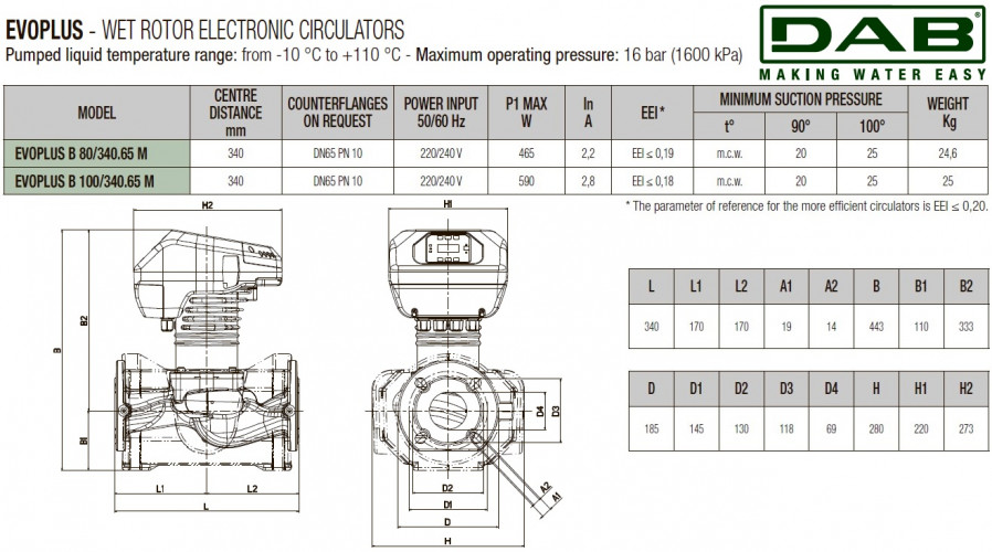 Pompa obiegowa DAB EVOPLUS 80/340 65 1x220-240 Y25 ze sterowaniem elektronicznym, 60231410