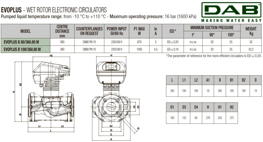 Pompa obiegowa DAB EVOPLUS 80/360 80 1x220-240 Y25 ze sterowaniem elektronicznym, 60231414