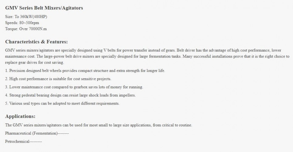 Mieszalnik mieszający GREATWALL MIXERS seria GMV z napędem pasowym o mocy do 360 kW 80~500 obr./min