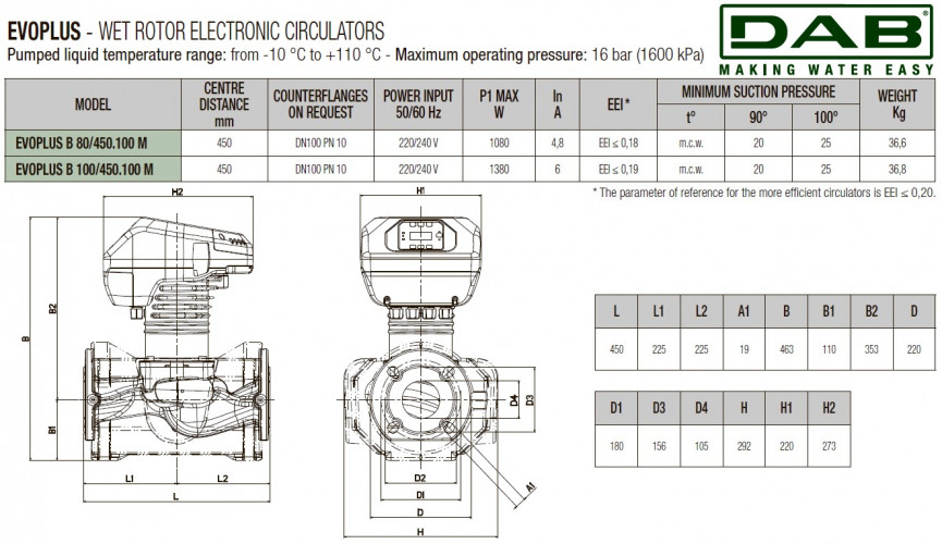 Pompa obiegowa DAB EVOPLUS 80/450 100 1x220-240 Y25 ze sterowaniem elektronicznym, 60231420
