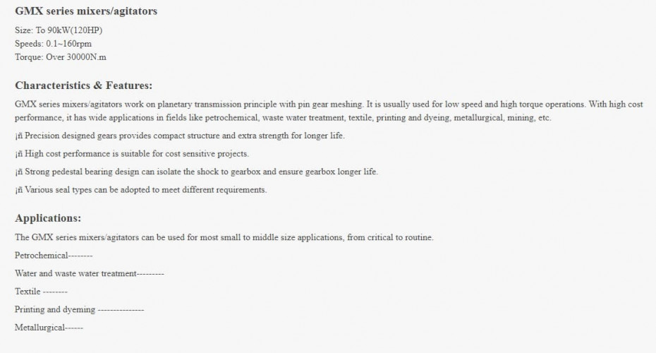 Mieszalnik GREATWALL MIXERS seria GMX z przekładnią zębatą o mocy do 90 kW 0,1~160 obr./min