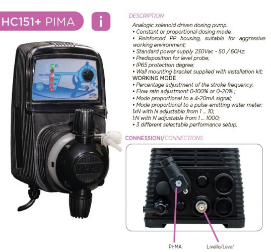 Pompa dozująca do dezynfekcji wody PDE HC151+ PI-MA M60 240V PVC-CE-VT (SA), 1-10 l/h, 7-1 bar