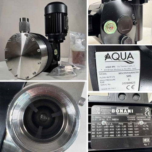 Pompa membranowa z silnikiem dozującym polielektrolit AQUA MSC, AISI 316L, 505 l/h, 5 bar, 0,37 kW, 380 V