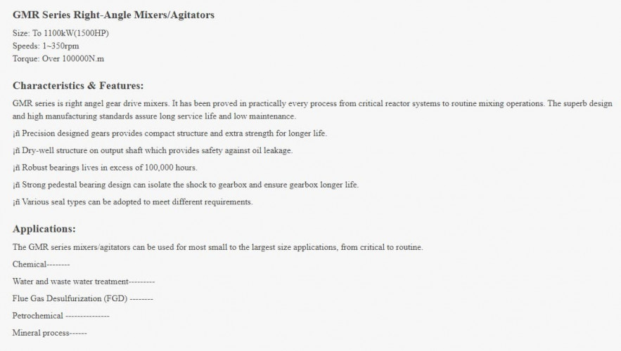Mieszalnik mieszający serii GREATWALL MIXERS GMR z przekładnią zamontowaną pod kątem prostym o mocy do 1100 kW 1~350 obr./min.