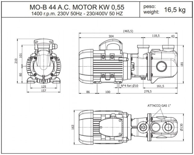 Pompa śrubowa z brązu do pompowania cieczy lepkich i oleistych LIVERANI MO-B 44 MF 0,55 kW, 1400 obr./min, 220 V