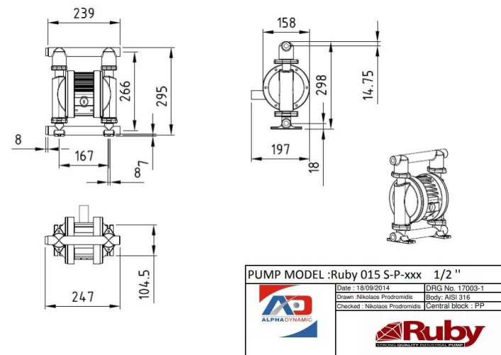 RUBY 015S-P-TST-T  pompa membranowa pneumatyczny