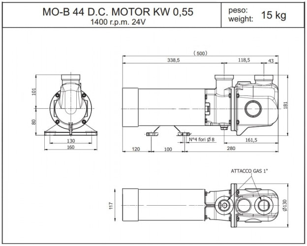 Pompa śrubowa LIVERANI MO-B 44 CC/12V 0,55 kW, 1400 obr./min z obudową z brązu do sektora morskiego