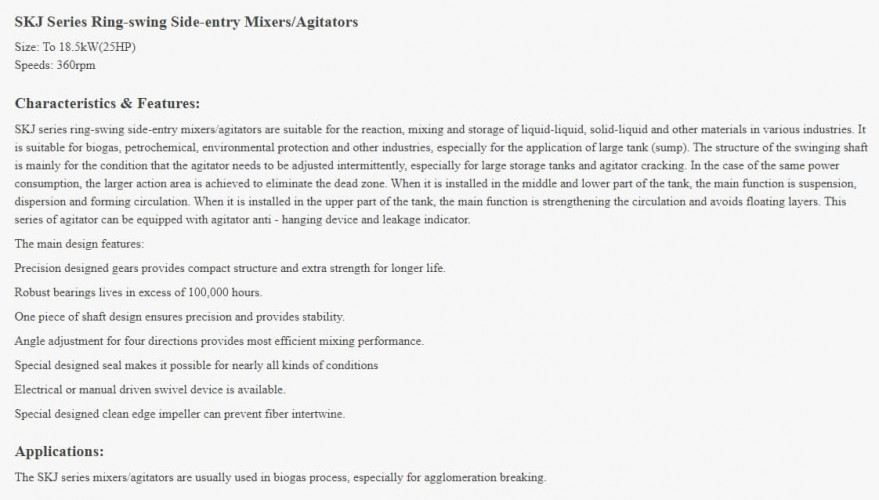 Mieszalnik pierścieniowo-obrotowy, mieszadło GREATWALL MIXERS z bocznym wejściem seria SKJ moc do 18,5 kW 360 obr./min