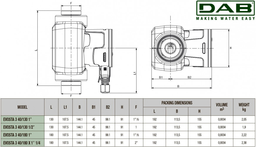 Pompa obiegowa DAB EVOSTA3 40/130 (½") M ze sterowaniem elektronicznym, 60186088