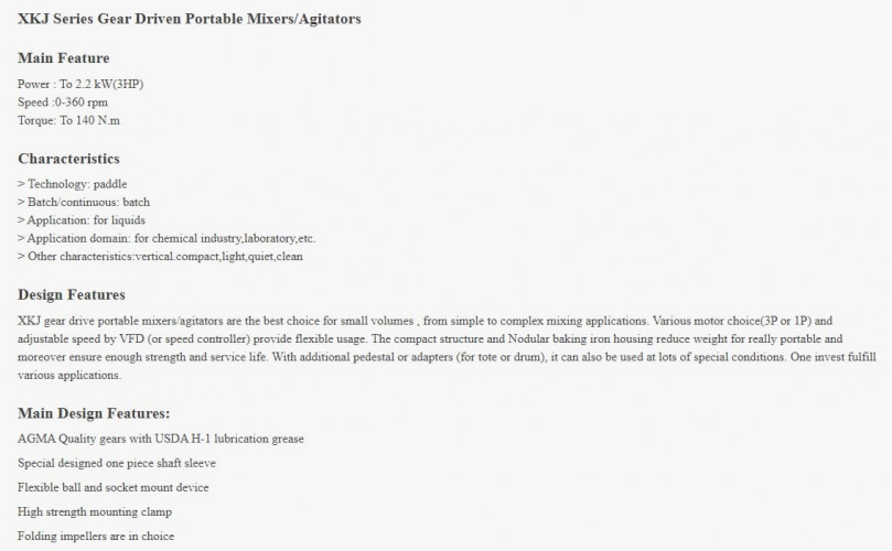 Mieszalnik łopatkowy GREATWALL MIXERS przenośny z przekładnią zębatą serii XKJ o mocy do 2,2 kW 0~350 obr./min