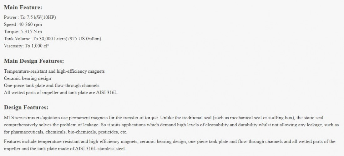 Mieszalnik higieniczny z napędem magnetycznym Mieszalniki GREATWALL z wejściem od dołu Seria MTS o mocy do 7,5 kW 40~360 obr./min