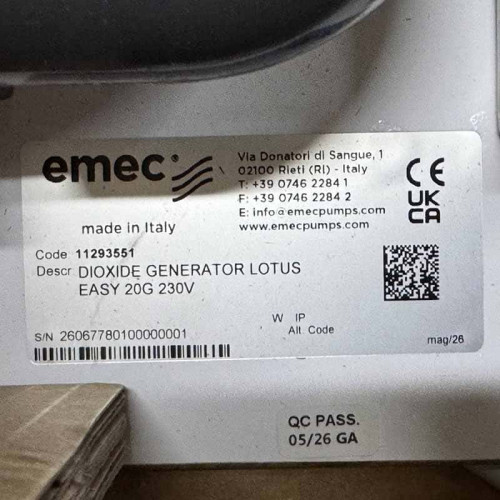 Generator dwutlenku chloru EMEC LOTUS EASY 20 g/h – system do wytwarzania, dozowania i monitorowania stężenia dwutlenku chloru w celu dezynfekcji wody