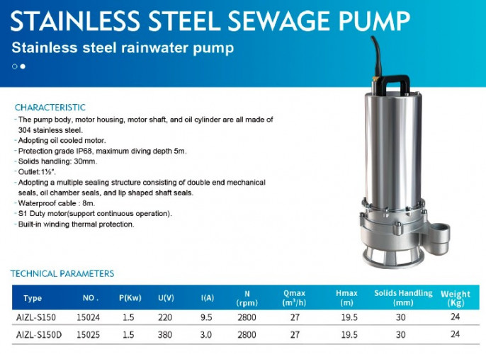 Pompa ściekowa ze stali nierdzewnej AIZL-S150, 27/19,5, 1,5 kW, 220 V, 2800 obr./min