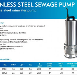 Pompa ściekowa ze stali nierdzewnej AIZL-S150, 27/19,5, 1,5 kW, 220 V, 2800 obr./min