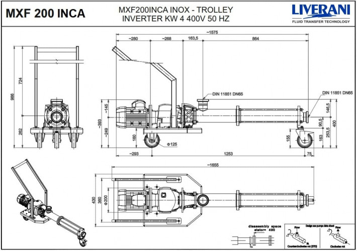 Pompa śrubowa do chemikaliów LIVERANI MXF200INCA TF 4 kW 115-470obr./min 380V AISI316 z przetwornicą częstotliwości sterowaniem zdalnym(15 m) na wózku