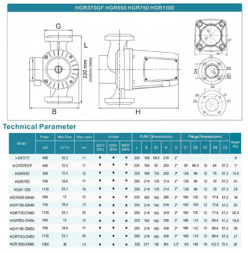 Pompa obiegowa komory suszarniczej HGR550-DN40, 220V z mokrym wirnikiem