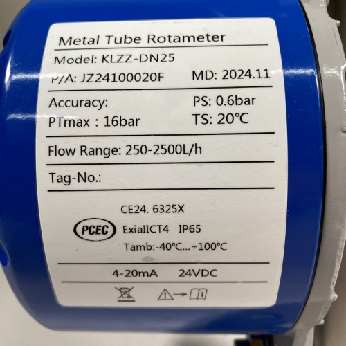 DN25 Przepływomierz rotametr do wody ze stali nierdzewnej KLZZ-DN25/PN16 (liquid alcohol mixture C2H5OH 96%), 250..2500 l/h, 4-20mA, Ex