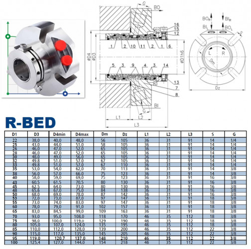 Uszczelnienie kompaktowe podwójne R-BED 100, SIC/SIC/CAR/SIC/VITON, M/316