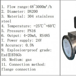 DN200 Ultradźwiękowy przepływomierz gazu PN16 (gaz), 48~3000 m3/h, AISI 304, 4-20mA, RS485, ExdⅡ BT6Gb, przyłącze kołnierzowe