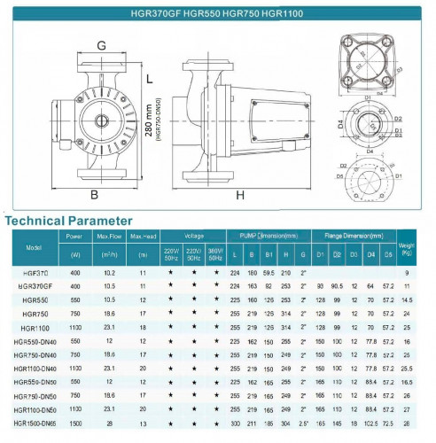 Cyrkulacyjna pompa osuszająca HGR750-DN50, 220V z mokrym wirnikiem