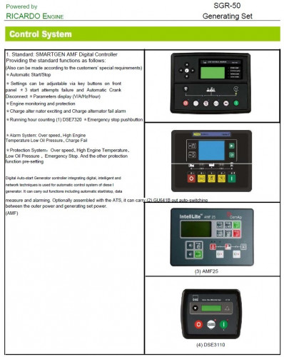 Przemysłowy generator diesla SOYGEN SG50R z ATS i silnikiem Ricardo 50kVA, 40kW, 380V/50HZ typ zamknięty