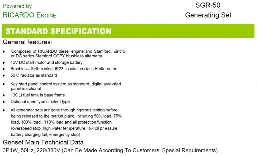 Przemysłowy generator diesla SOYGEN SG50R z ATS i silnikiem Ricardo 50kVA, 40kW, 380V/50HZ typ zamknięty