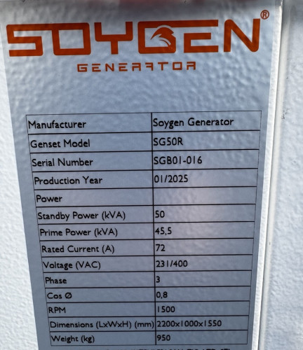 Przemysłowy generator diesla SOYGEN SG50R z ATS i silnikiem Ricardo 50kVA, 40kW, 380V/50HZ typ zamknięty
