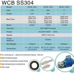 Pompa zębata ze stali nierdzewnej do pompowania śmietany, oleju, bitej śmietany WCB-50/380V 50Hz, 25 l/min, 30 m, AISI 304, 0,55 kW, 1400 obr./min, Ex