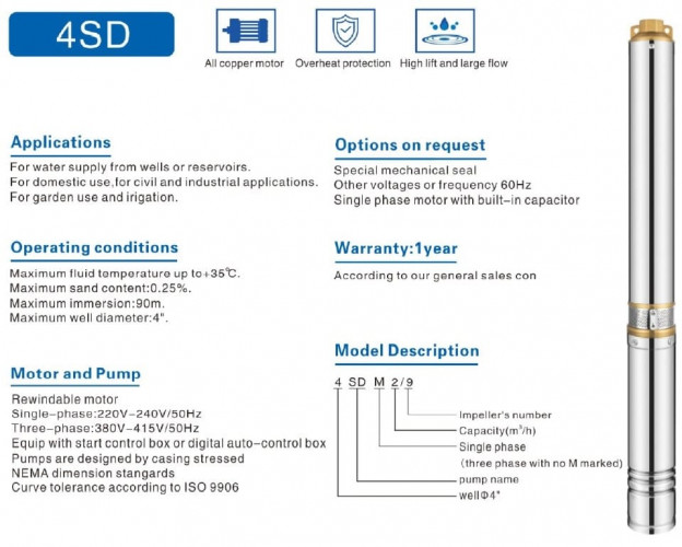 Pompa głębinowa 4SD6/48, 7,5kW, 380V