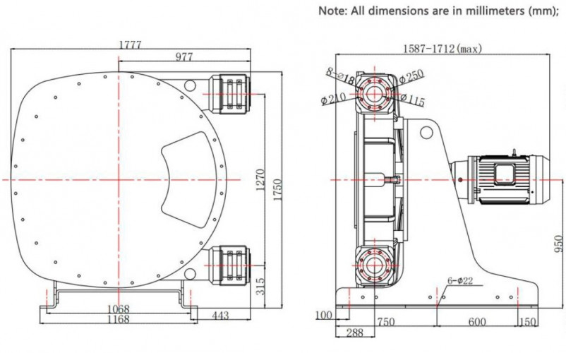 Przemysłowa pompa wężowa JXHIN-125-CI+Titanium-EPDM-P, 66 m3/h, 22 kW, 16 bar, 380V