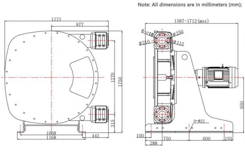 Przemysłowa pompa wężowa JXHIN-125-CI+Titanium-CSM-P, 66 m3/h, 22 kW, 16 bar, 380V