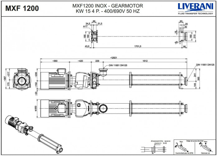 Pompa śrubowa ze stali nierdzewnej do podawania pokrojonych owoców i warzyw LIVERANI MXF1200 TF 15 kW, 242 obr./min, 380 V, AISI 304