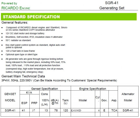 Przemysłowy generator diesla SOYGEN SG41R z ATS i silnikiem Ricardo 41kVA, 33kW, 380V/50HZ typ zamknięty