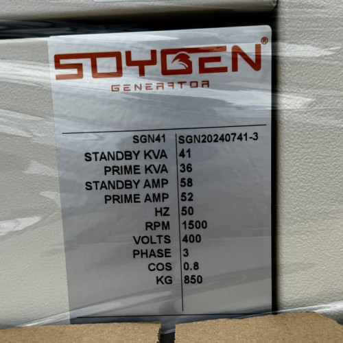 Przemysłowy generator diesla SOYGEN SG41R z ATS i silnikiem Ricardo 41kVA, 33kW, 380V/50HZ typ zamknięty
