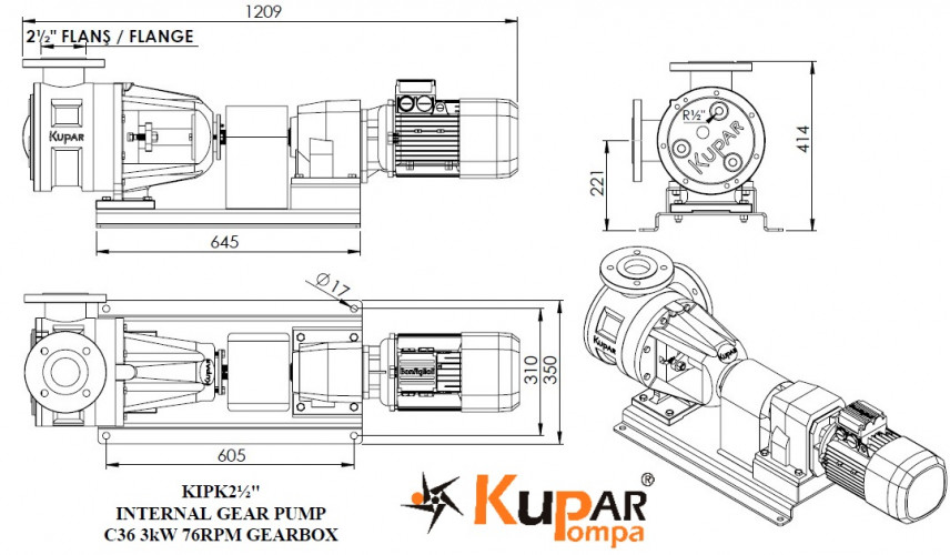 Pompa zębata do czekolady Kupar KIPK 2 1/2"-PF315, 3 kW, 100 obr./min, z silnikiem z reduktorem
