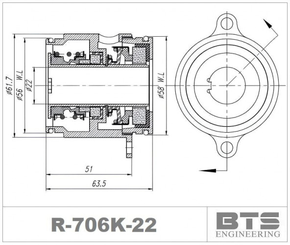 Uszczelnienie mechaniczne kasetowe do pompy Grundfos R-706K 22, SIC/SIC/SIC/SIC, VITON, 304