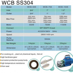 Pompa zębata ze stali nierdzewnej do pompowania oleju roślinnego WCB-75/220V 50Hz, 75 l/min, 30 m, AISI 304, 0,75 kW, 2900 obr./min, Ex