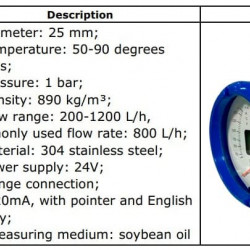 DN25 Przepływomierz rotametryczny ze stali nierdzewnej KLZDN25-PN16 do oleju sojowego o gęstości 890 kg/m3, 50-90°C, 200-1200 l/h, 4-20mA