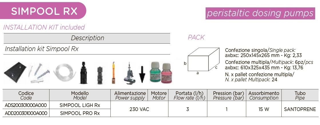 Pompa dozująca perystaltyczna AQUA PDP SIMPOOL LIGHT RX 03-01 - 230 V - SANTOPRENE - KOMPLETNA BIAŁA