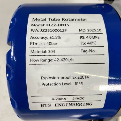 DN15 Przepływomierz ze stali nierdzewnej rotametr KLZZ PN40 (alkohol 96%), 42...420 l/h, 4-20mA, Ex