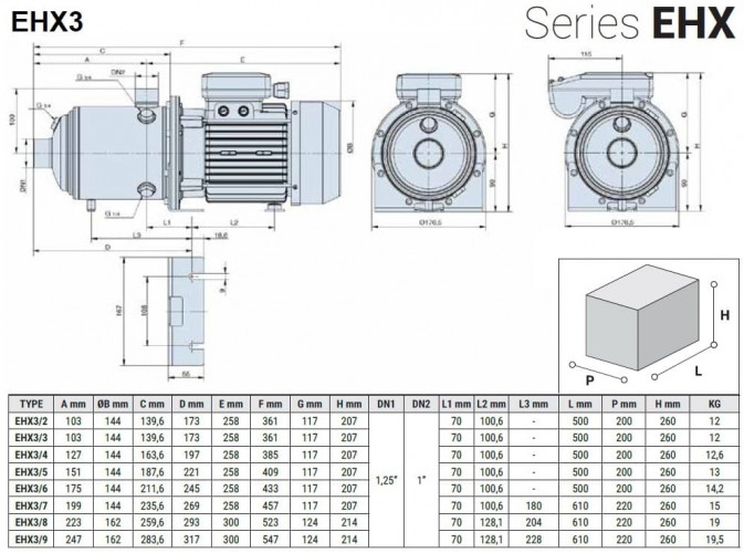 Pompa wielostopniowa pozioma EHX 3/6, 1,1 kW, 4,8 m3/h, 67,5m, 380V/T, AISI 304 (EBARA MATRIX)