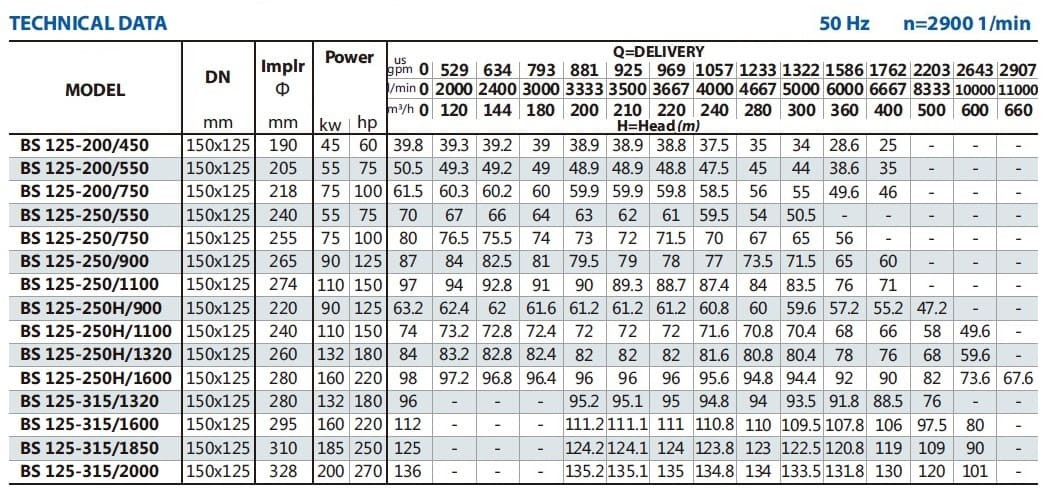 Pompa do zaopatrzenia w wodę BS 125-315/1320 (300/93,5), 132kW, 2900 bez silnika