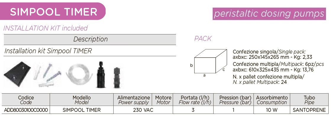 Pompa dozująca perystaltyczna AQUA PDP SIMPOOL TIMER 03-01 - 230V - SANTOPRENE - BIAŁA