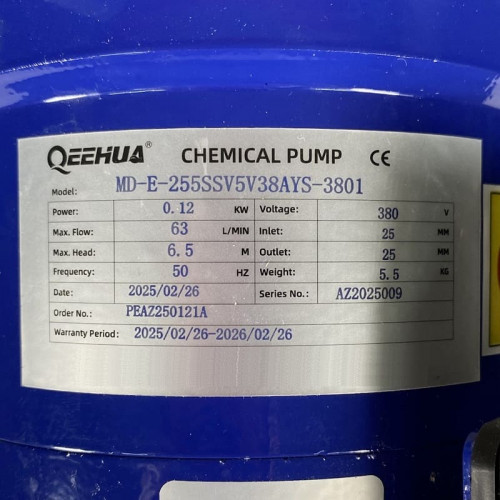 Pompa chemiczna MD-E-255-SSV-5V38AYS, CFRETFE, 53L/min, 6,2m, 380V